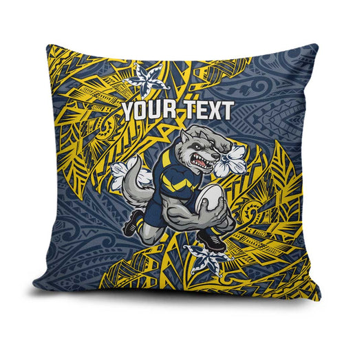 Personalised North Queensland Cowboys Pillow Cover Polynesian Tribal Pattern With Rugby Bull Mascot Art