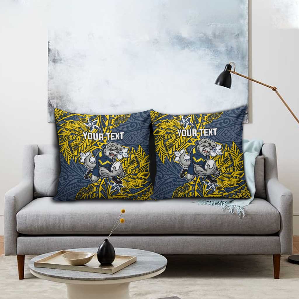 Personalised North Queensland Cowboys Pillow Cover Polynesian Tribal Pattern With Rugby Bull Mascot Art