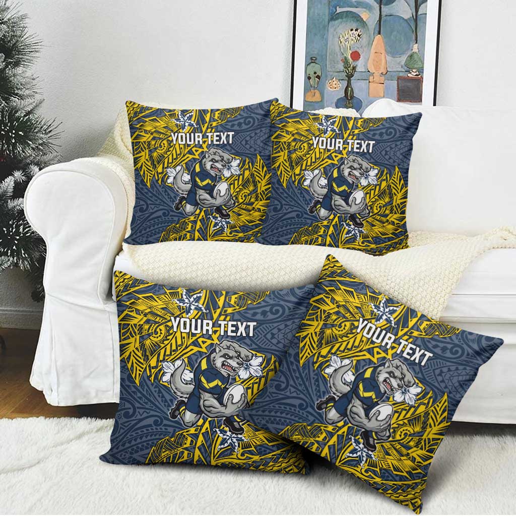 Personalised North Queensland Cowboys Pillow Cover Polynesian Tribal Pattern With Rugby Bull Mascot Art