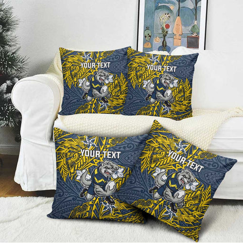 Personalised North Queensland Cowboys Pillow Cover Polynesian Tribal Pattern With Rugby Bull Mascot Art