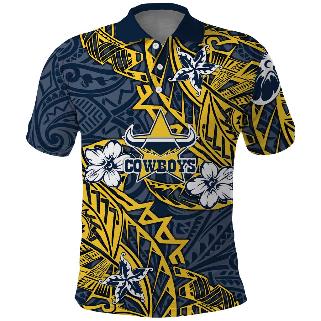 Personalised North Queensland Cowboys Polo Shirt Polynesian Tribal Pattern With Rugby Bull Mascot Art
