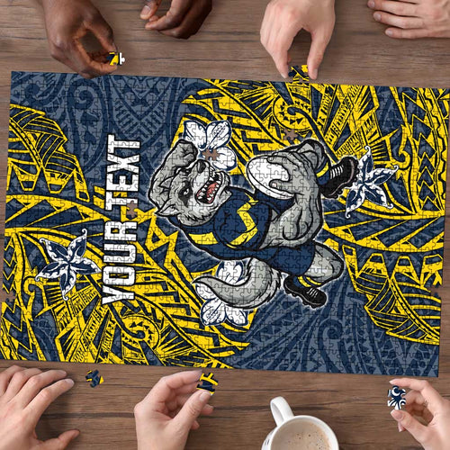 Personalised North Queensland Cowboys Puzzle Polynesian Tribal Pattern With Rugby Bull Mascot Art