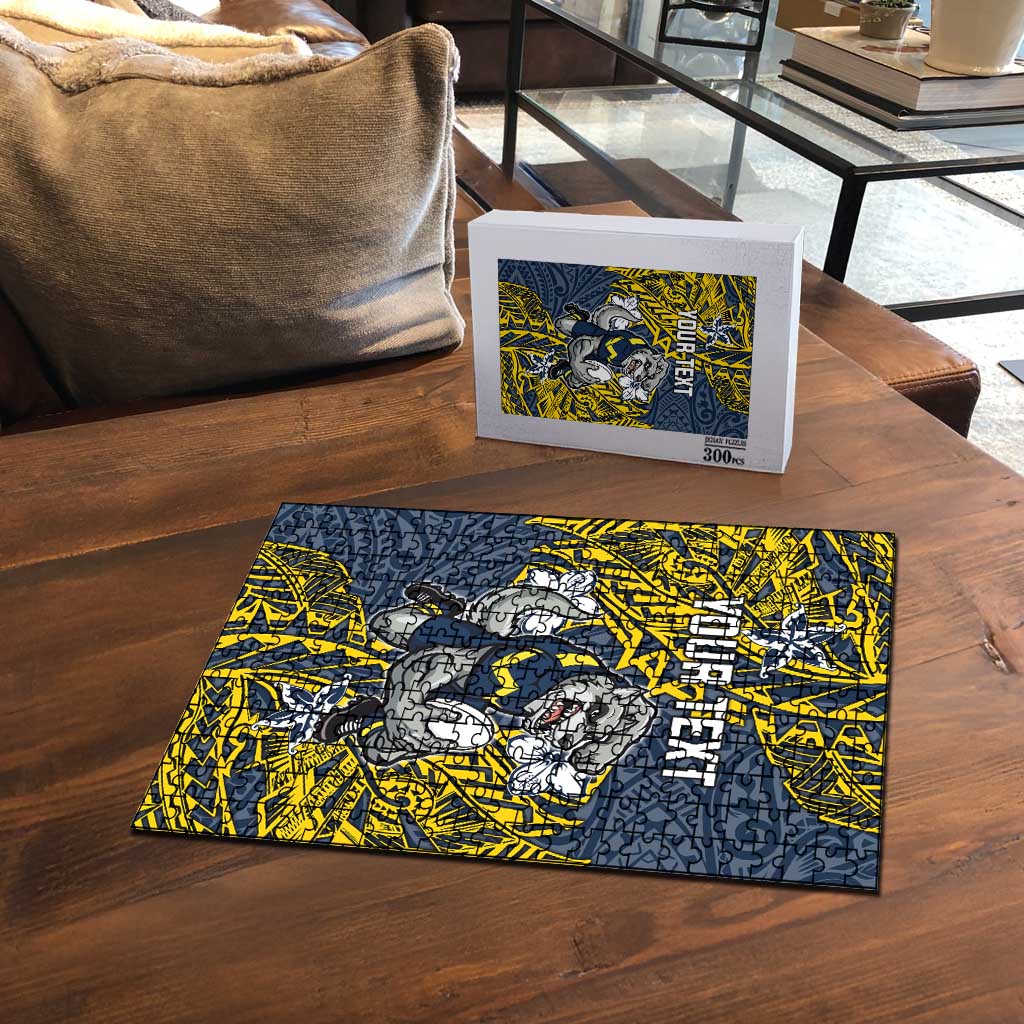 Personalised North Queensland Cowboys Puzzle Polynesian Tribal Pattern With Rugby Bull Mascot Art