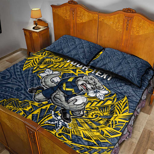 Personalised North Queensland Cowboys Quilt Bed Set Polynesian Tribal Pattern With Rugby Bull Mascot Art