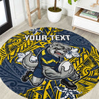 Personalised North Queensland Cowboys Round Carpet Polynesian Tribal Pattern With Rugby Bull Mascot Art