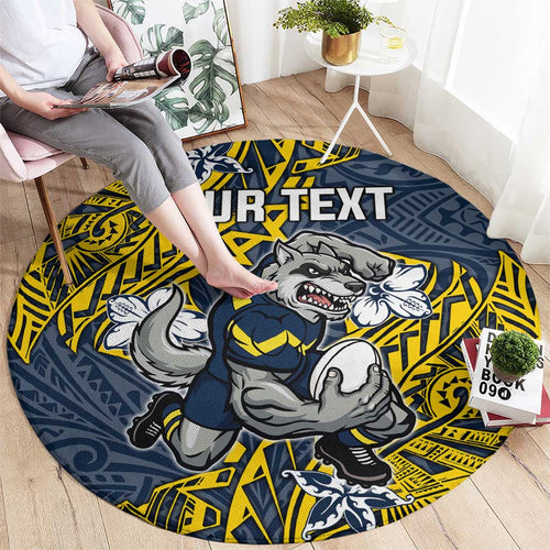 Personalised North Queensland Cowboys Round Carpet Polynesian Tribal Pattern With Rugby Bull Mascot Art