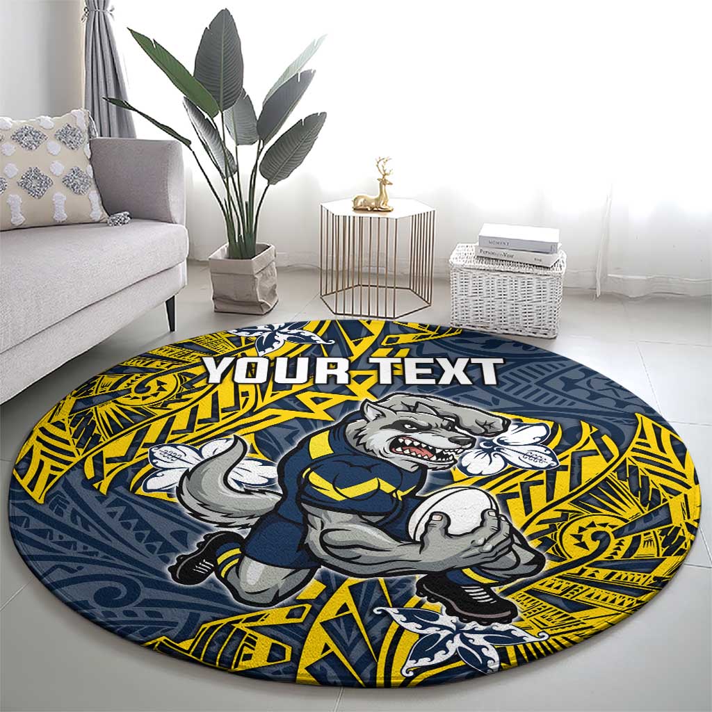 Personalised North Queensland Cowboys Round Carpet Polynesian Tribal Pattern With Rugby Bull Mascot Art