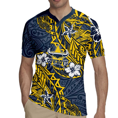 Personalised North Queensland Cowboys Rugby Jersey Polynesian Tribal Pattern With Rugby Bull Mascot Art