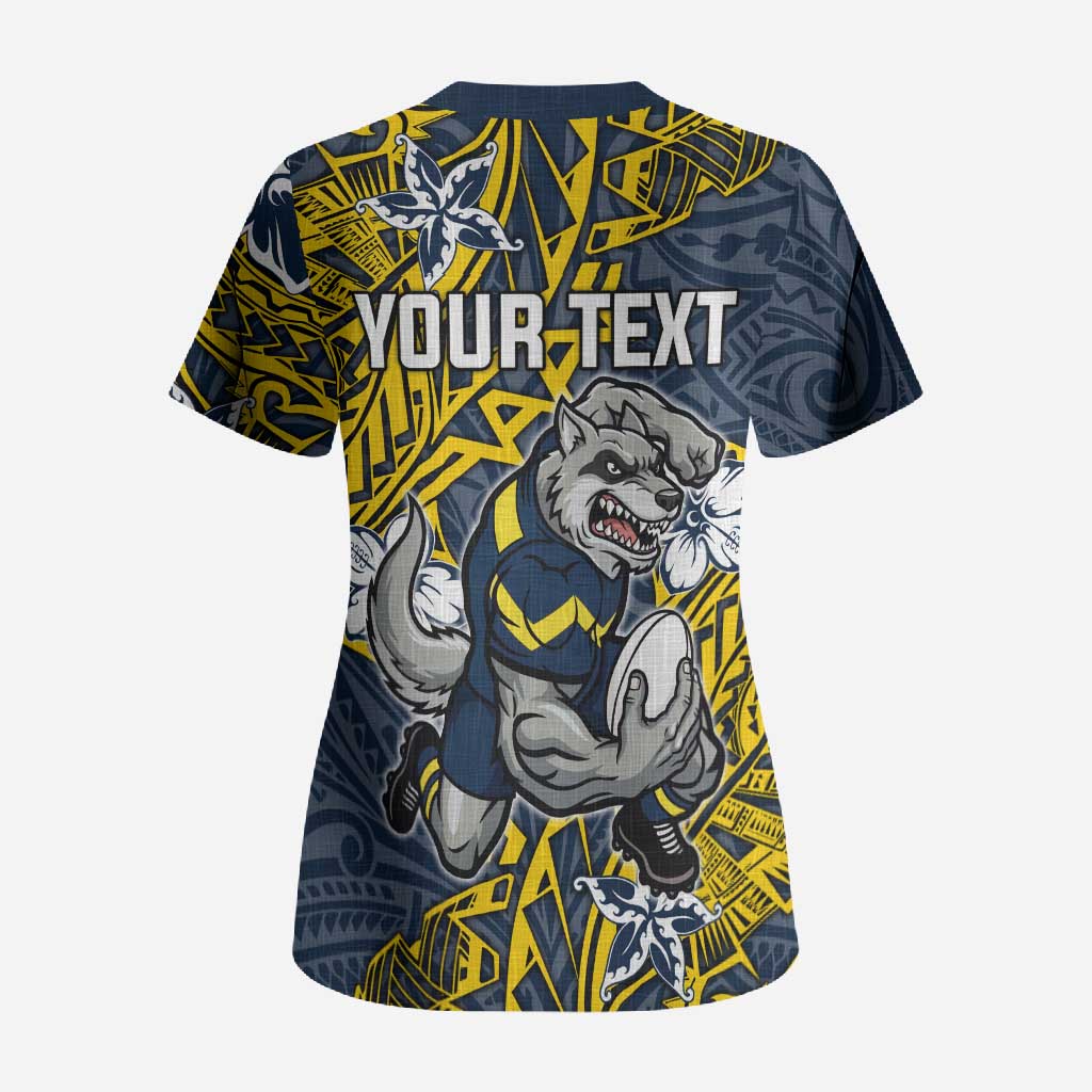 Personalised North Queensland Cowboys Scrub Top Polynesian Tribal Pattern With Rugby Bull Mascot Art