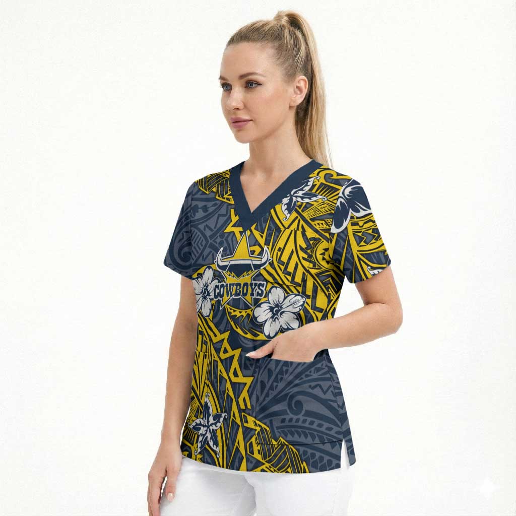 Personalised North Queensland Cowboys Scrub Top Polynesian Tribal Pattern With Rugby Bull Mascot Art