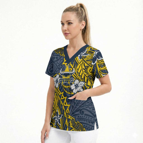 Personalised North Queensland Cowboys Scrub Top Polynesian Tribal Pattern With Rugby Bull Mascot Art