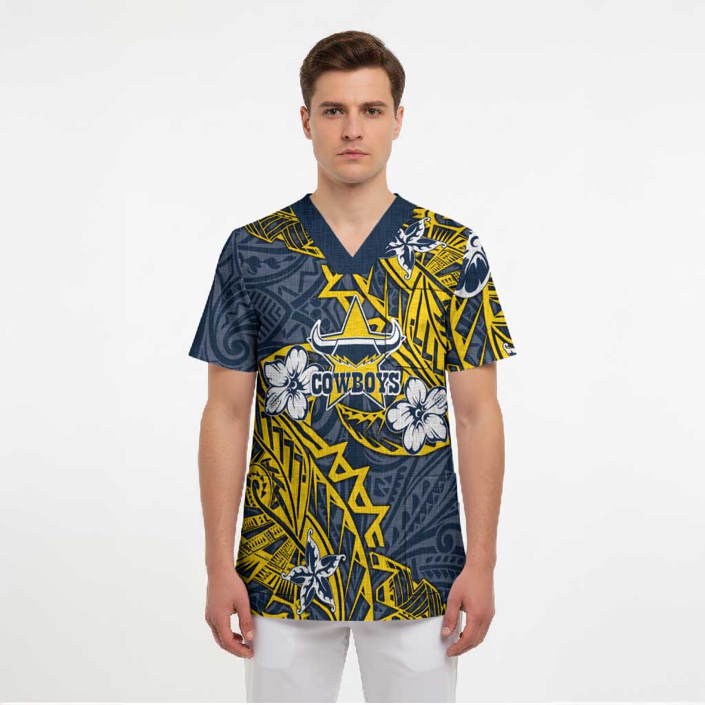 Personalised North Queensland Cowboys Scrub Top Polynesian Tribal Pattern With Rugby Bull Mascot Art