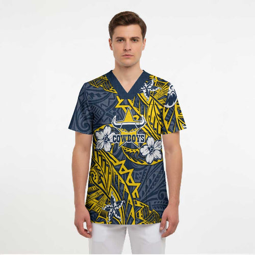Personalised North Queensland Cowboys Scrub Top Polynesian Tribal Pattern With Rugby Bull Mascot Art