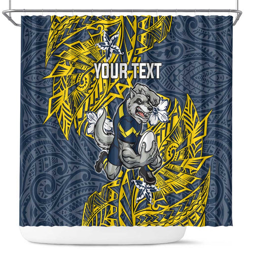 Personalised North Queensland Cowboys Shower Curtain Polynesian Tribal Pattern With Rugby Bull Mascot Art