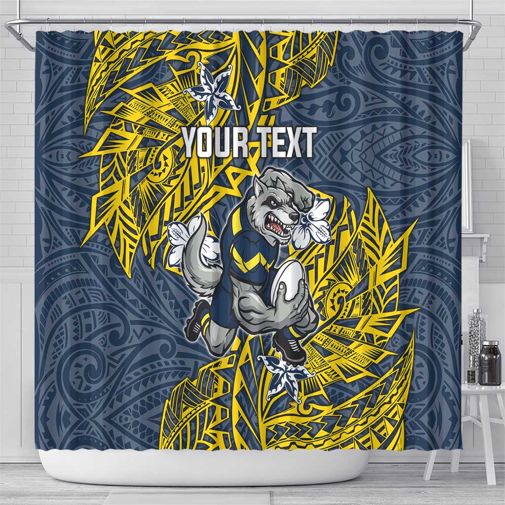 Personalised North Queensland Cowboys Shower Curtain Polynesian Tribal Pattern With Rugby Bull Mascot Art