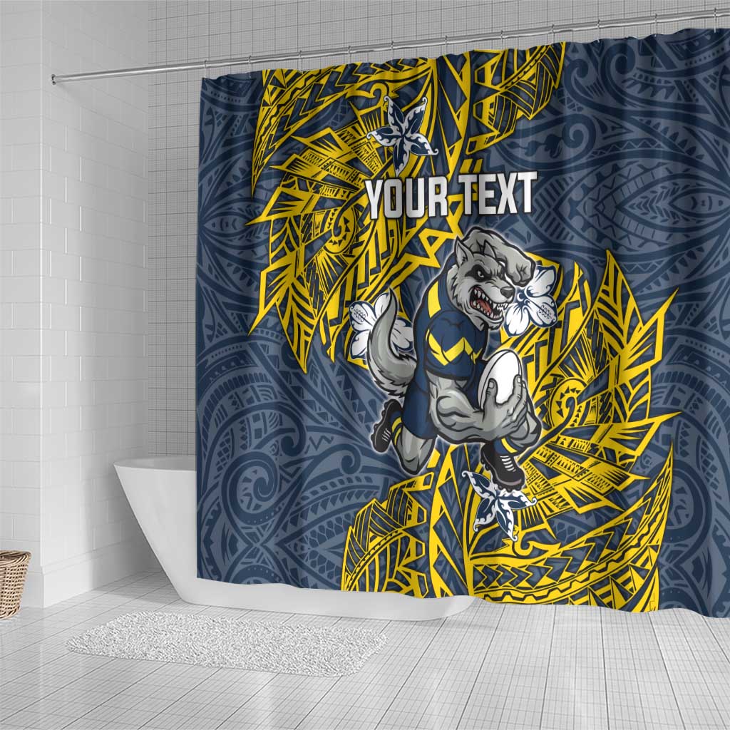 Personalised North Queensland Cowboys Shower Curtain Polynesian Tribal Pattern With Rugby Bull Mascot Art