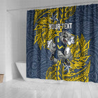 Personalised North Queensland Cowboys Shower Curtain Polynesian Tribal Pattern With Rugby Bull Mascot Art