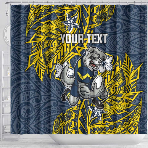 Personalised North Queensland Cowboys Shower Curtain Polynesian Tribal Pattern With Rugby Bull Mascot Art