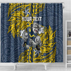 Personalised North Queensland Cowboys Shower Curtain Polynesian Tribal Pattern With Rugby Bull Mascot Art