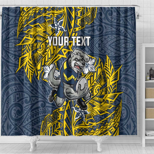 Personalised North Queensland Cowboys Shower Curtain Polynesian Tribal Pattern With Rugby Bull Mascot Art