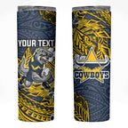 Personalised North Queensland Cowboys Skinny Tumbler Polynesian Tribal Pattern With Rugby Bull Mascot Art