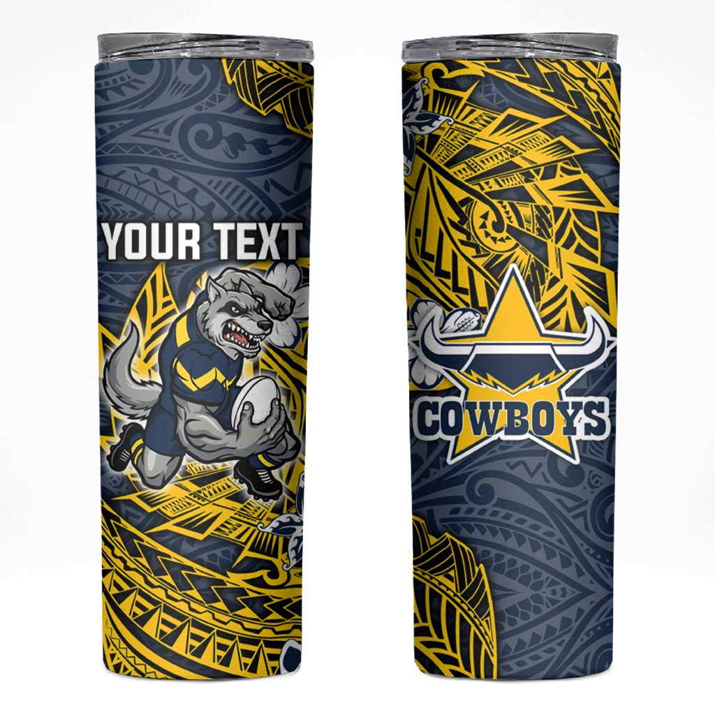 Personalised North Queensland Cowboys Skinny Tumbler Polynesian Tribal Pattern With Rugby Bull Mascot Art