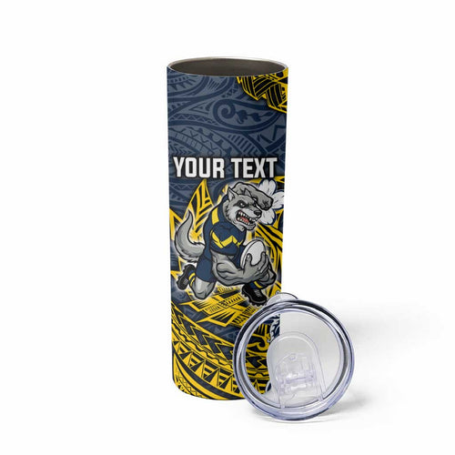 Personalised North Queensland Cowboys Skinny Tumbler Polynesian Tribal Pattern With Rugby Bull Mascot Art