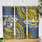 Personalised North Queensland Cowboys Skinny Tumbler Polynesian Tribal Pattern With Rugby Bull Mascot Art