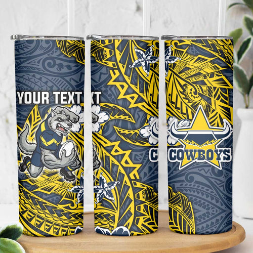 Personalised North Queensland Cowboys Skinny Tumbler Polynesian Tribal Pattern With Rugby Bull Mascot Art