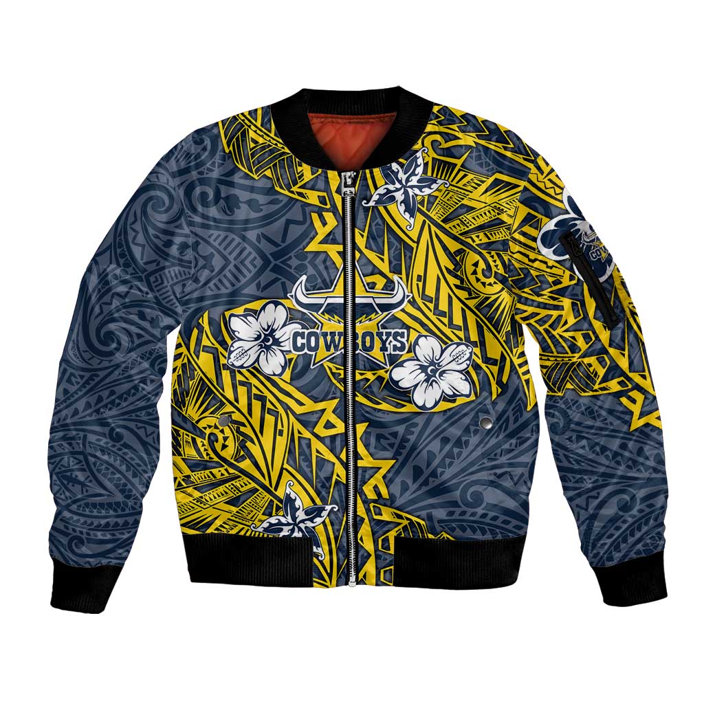 Personalised North Queensland Cowboys Sleeve Zip Bomber Jacket Polynesian Tribal Pattern With Rugby Bull Mascot Art