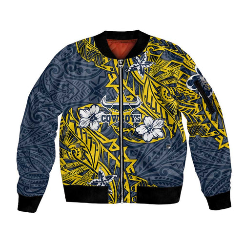 Personalised North Queensland Cowboys Sleeve Zip Bomber Jacket Polynesian Tribal Pattern With Rugby Bull Mascot Art