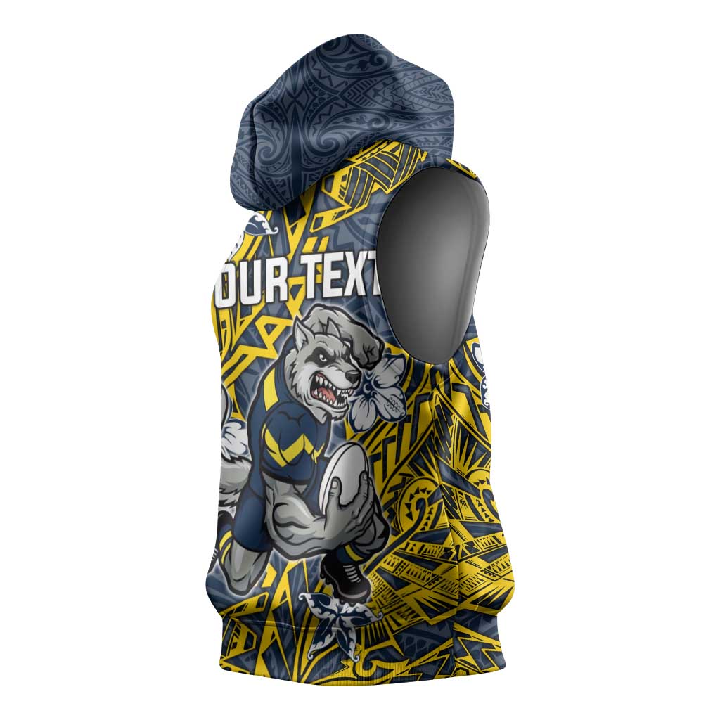 Personalised North Queensland Cowboys Sleeveless Hoodie Polynesian Tribal Pattern With Rugby Bull Mascot Art