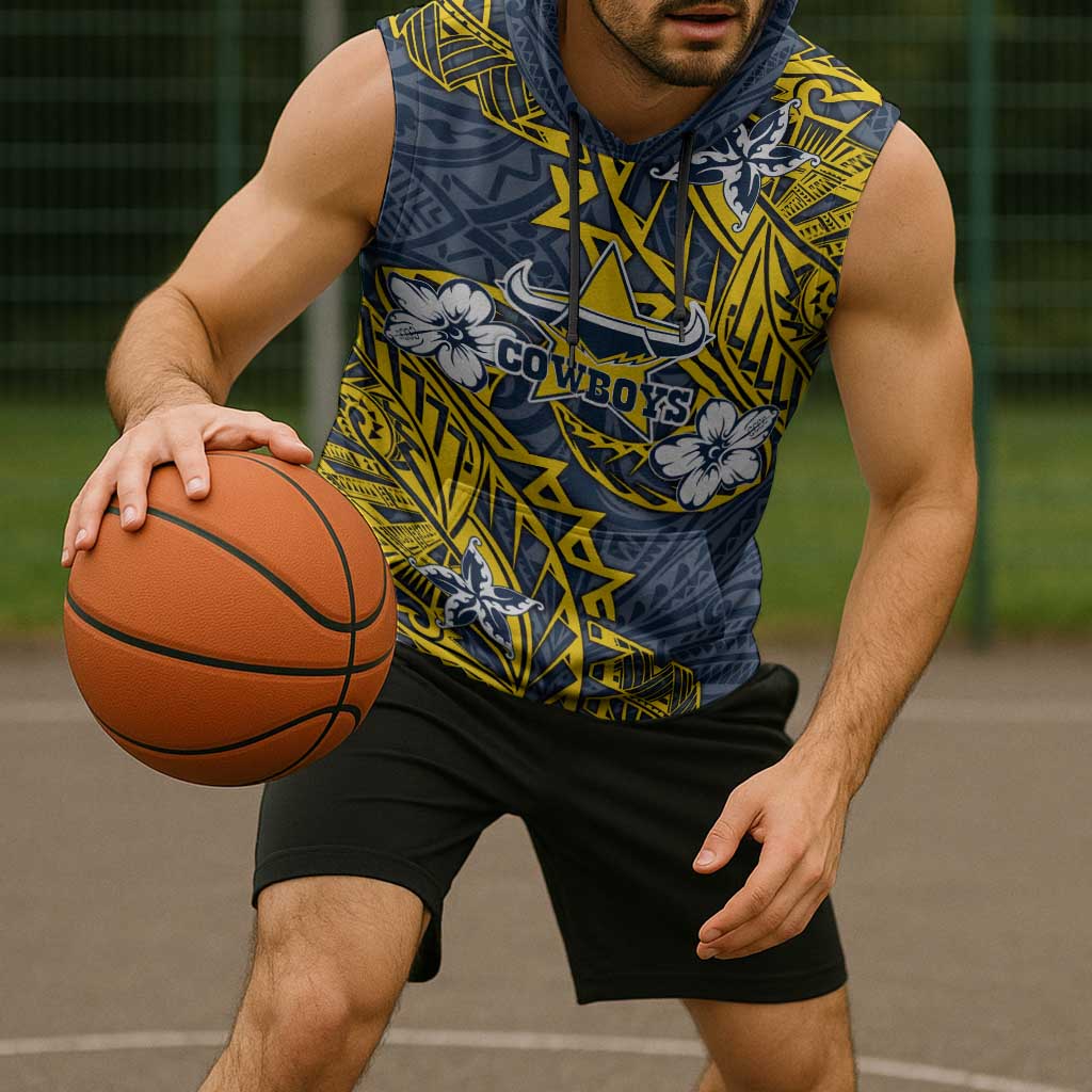 Personalised North Queensland Cowboys Sleeveless Hoodie Polynesian Tribal Pattern With Rugby Bull Mascot Art