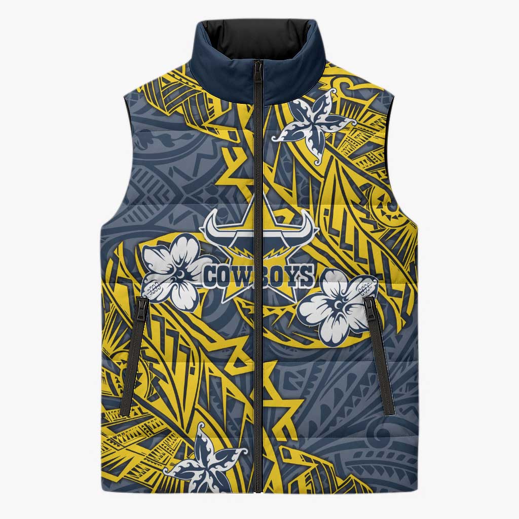 Personalised North Queensland Cowboys Sleeveless Puffer Jacket Polynesian Tribal Pattern With Rugby Bull Mascot Art