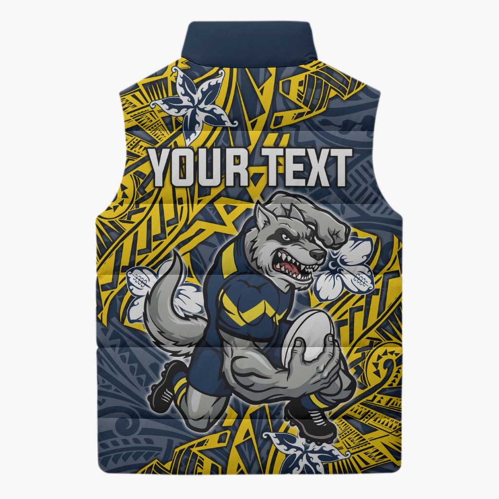Personalised North Queensland Cowboys Sleeveless Puffer Jacket Polynesian Tribal Pattern With Rugby Bull Mascot Art