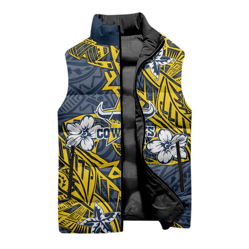 Personalised North Queensland Cowboys Sleeveless Puffer Jacket Polynesian Tribal Pattern With Rugby Bull Mascot Art