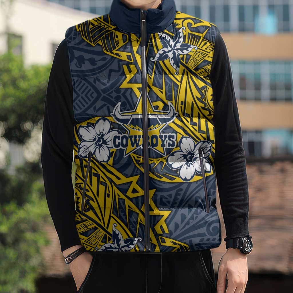 Personalised North Queensland Cowboys Sleeveless Puffer Jacket Polynesian Tribal Pattern With Rugby Bull Mascot Art