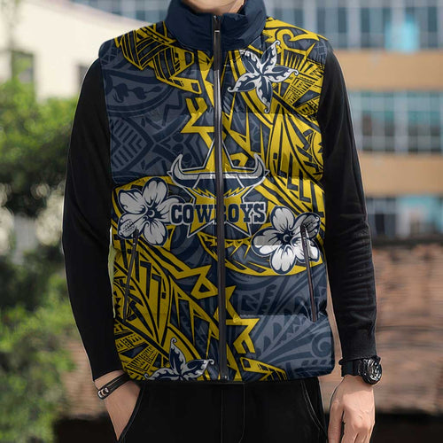 Personalised North Queensland Cowboys Sleeveless Puffer Jacket Polynesian Tribal Pattern With Rugby Bull Mascot Art