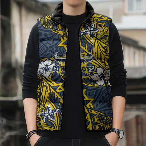 Personalised North Queensland Cowboys Sleeveless Puffer Jacket Polynesian Tribal Pattern With Rugby Bull Mascot Art