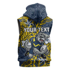 Personalised North Queensland Cowboys Sleeveless Zip Hoodie Polynesian Tribal Pattern With Rugby Bull Mascot Art