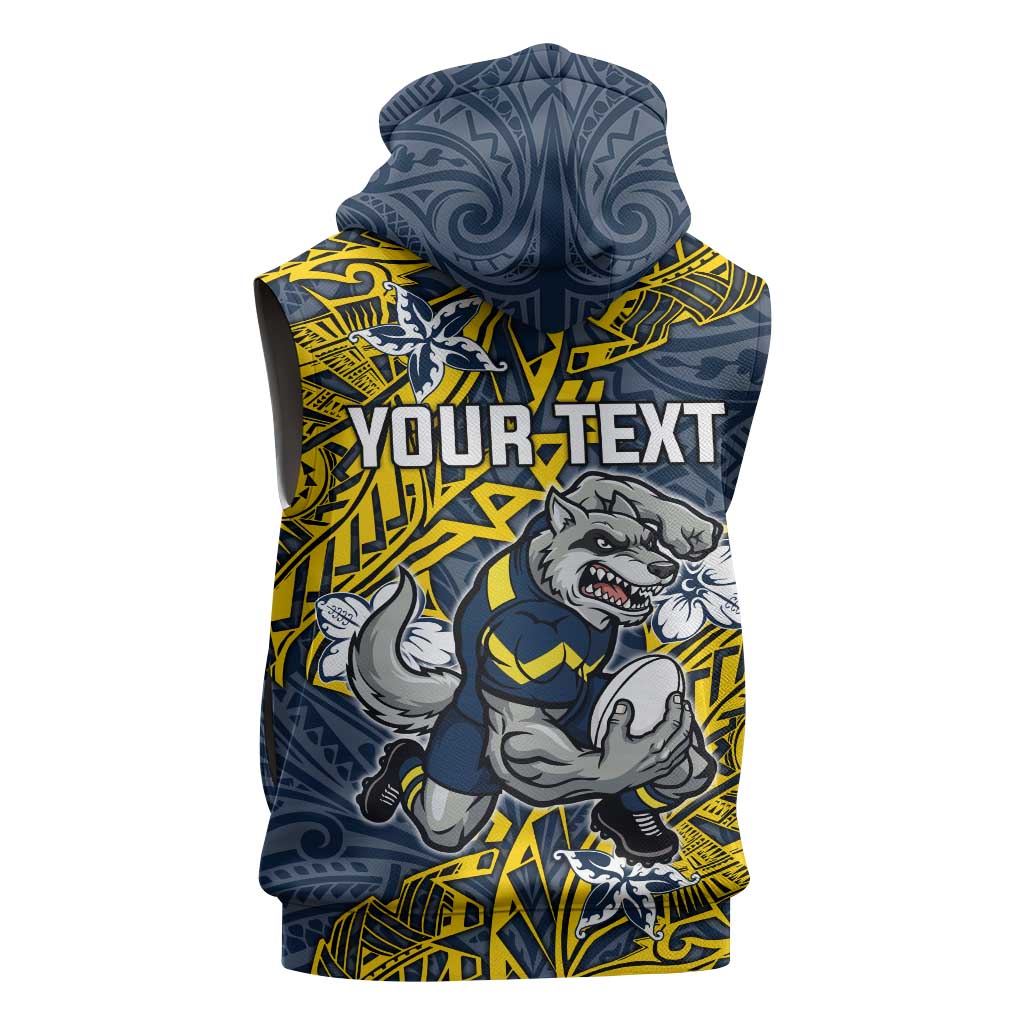 Personalised North Queensland Cowboys Sleeveless Zip Hoodie Polynesian Tribal Pattern With Rugby Bull Mascot Art