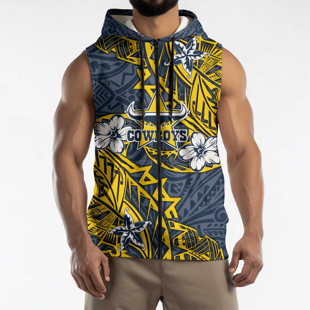 Personalised North Queensland Cowboys Sleeveless Zip Hoodie Polynesian Tribal Pattern With Rugby Bull Mascot Art