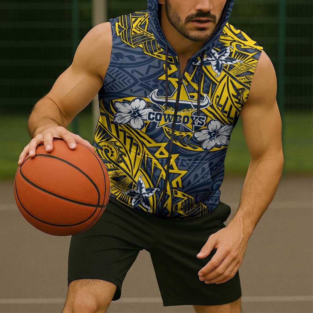 Personalised North Queensland Cowboys Sleeveless Zip Hoodie Polynesian Tribal Pattern With Rugby Bull Mascot Art