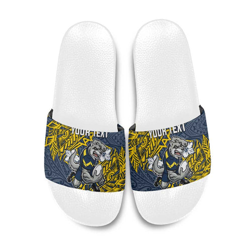 Personalised North Queensland Cowboys Slide Sandals Polynesian Tribal Pattern With Rugby Bull Mascot Art