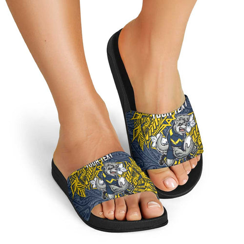 Personalised North Queensland Cowboys Slide Sandals Polynesian Tribal Pattern With Rugby Bull Mascot Art
