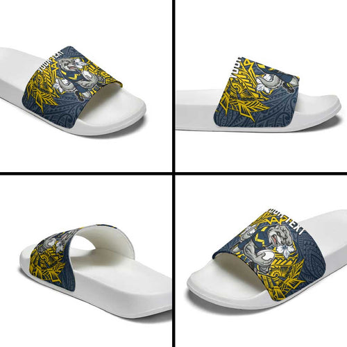 Personalised North Queensland Cowboys Slide Sandals Polynesian Tribal Pattern With Rugby Bull Mascot Art