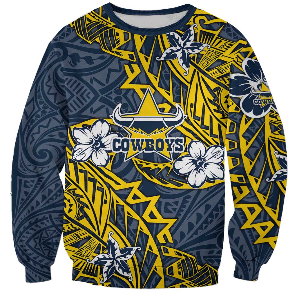 Personalised North Queensland Cowboys Sweatshirt Polynesian Tribal Pattern With Rugby Bull Mascot Art