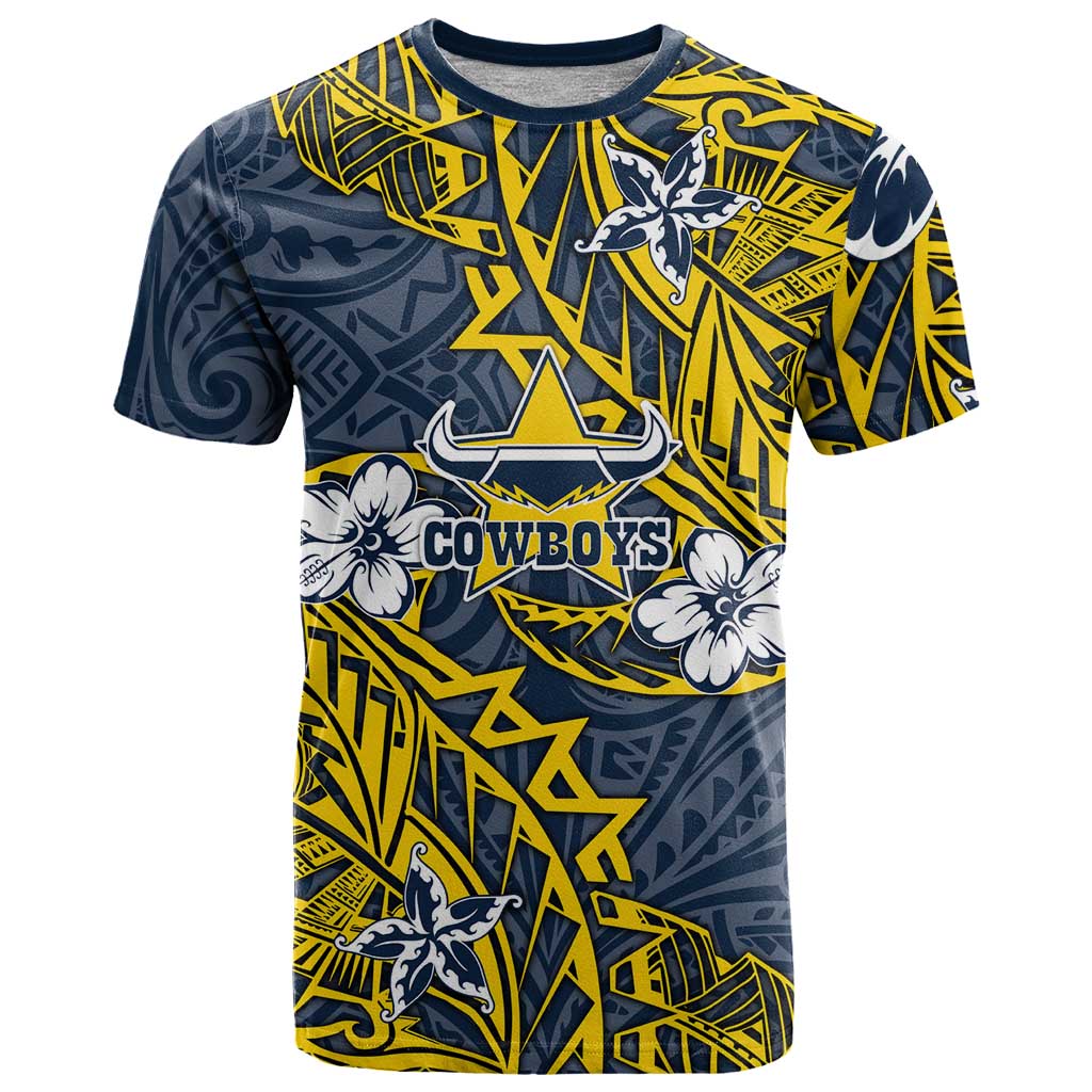 Personalised North Queensland Cowboys T Shirt Polynesian Tribal Pattern With Rugby Bull Mascot Art