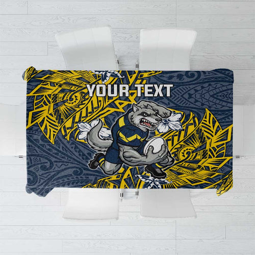 Personalised North Queensland Cowboys Tablecloth Polynesian Tribal Pattern With Rugby Bull Mascot Art