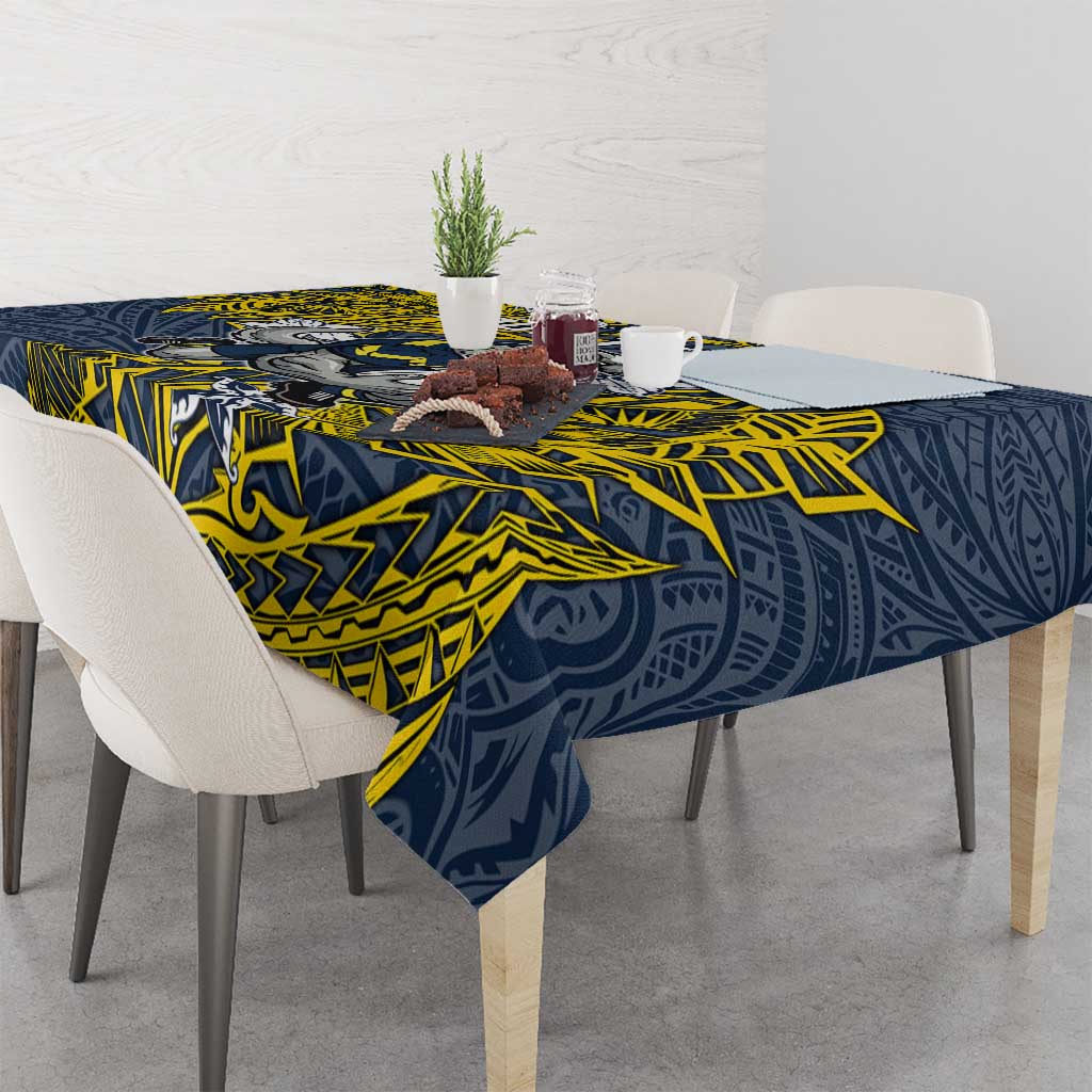 Personalised North Queensland Cowboys Tablecloth Polynesian Tribal Pattern With Rugby Bull Mascot Art